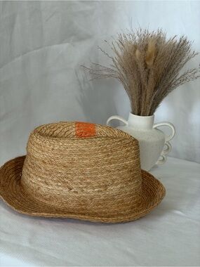 MAYSER Germany Straw Boater Hat Orange Accent style Fedora Trilby Phil L Unisex